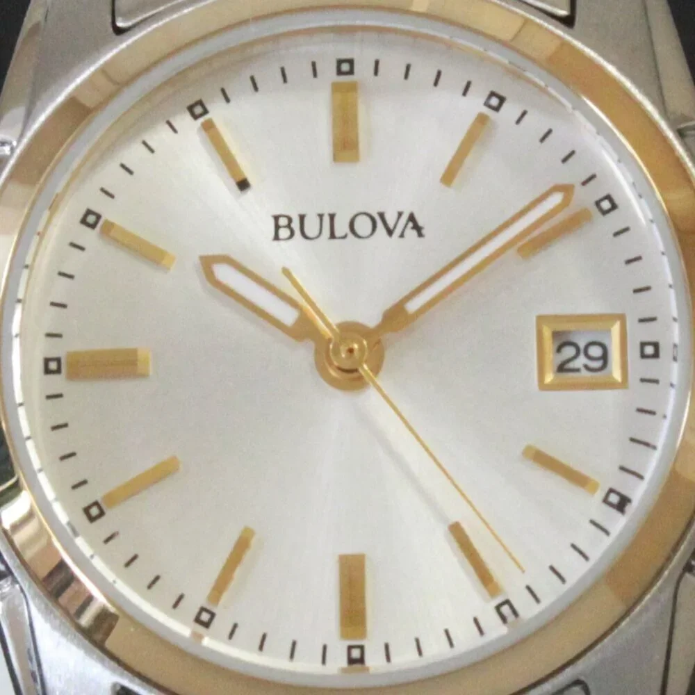 Bulova Women's Quartz Watch Two-Tone Case Silver Sunray Dial Date 26mm